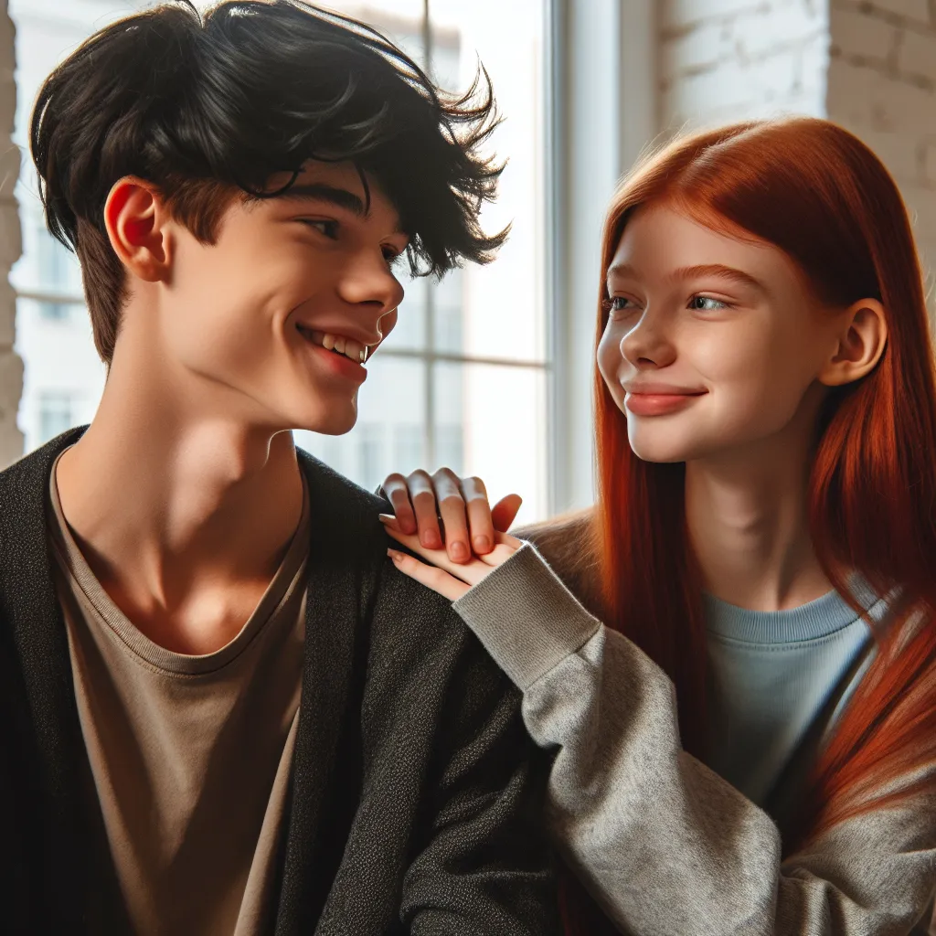 a teenage boy with black hair holding a hot red head girl sexy | Write (with AI)