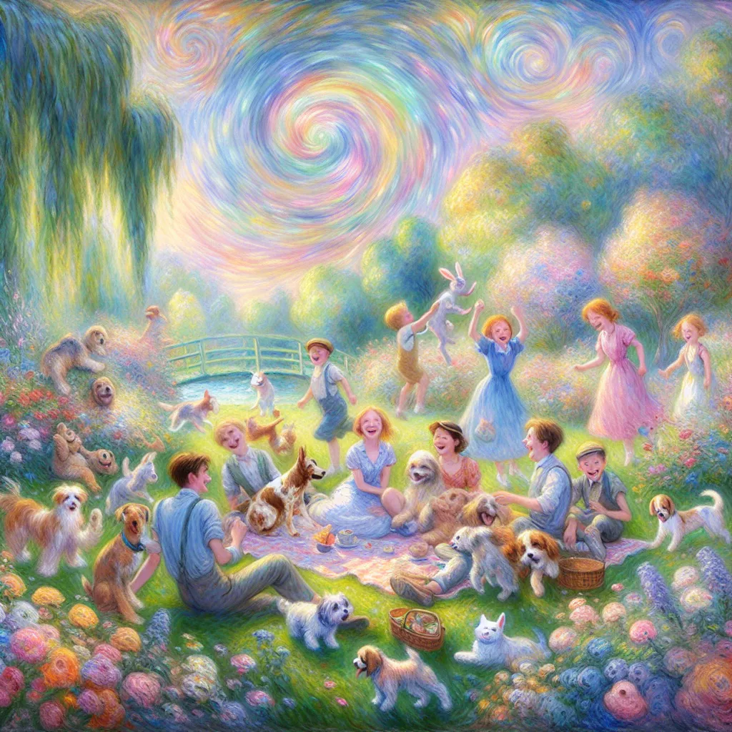 Cartoon, Pets, Pranks, Hypnosis, Friendship in the style of Monet