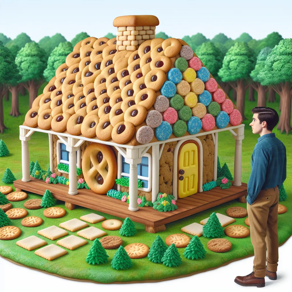 An image of a picturesque cottage made entirely of colorful, mouthwatering cookies, with a round oatmeal raisin cookie as the doorknob, lemon bars as windowsills, and a roof tiled with sugar cookies. The image depicts the protagonist, Frankie, standing in awe of the edible house, surrounded by a lush forest.