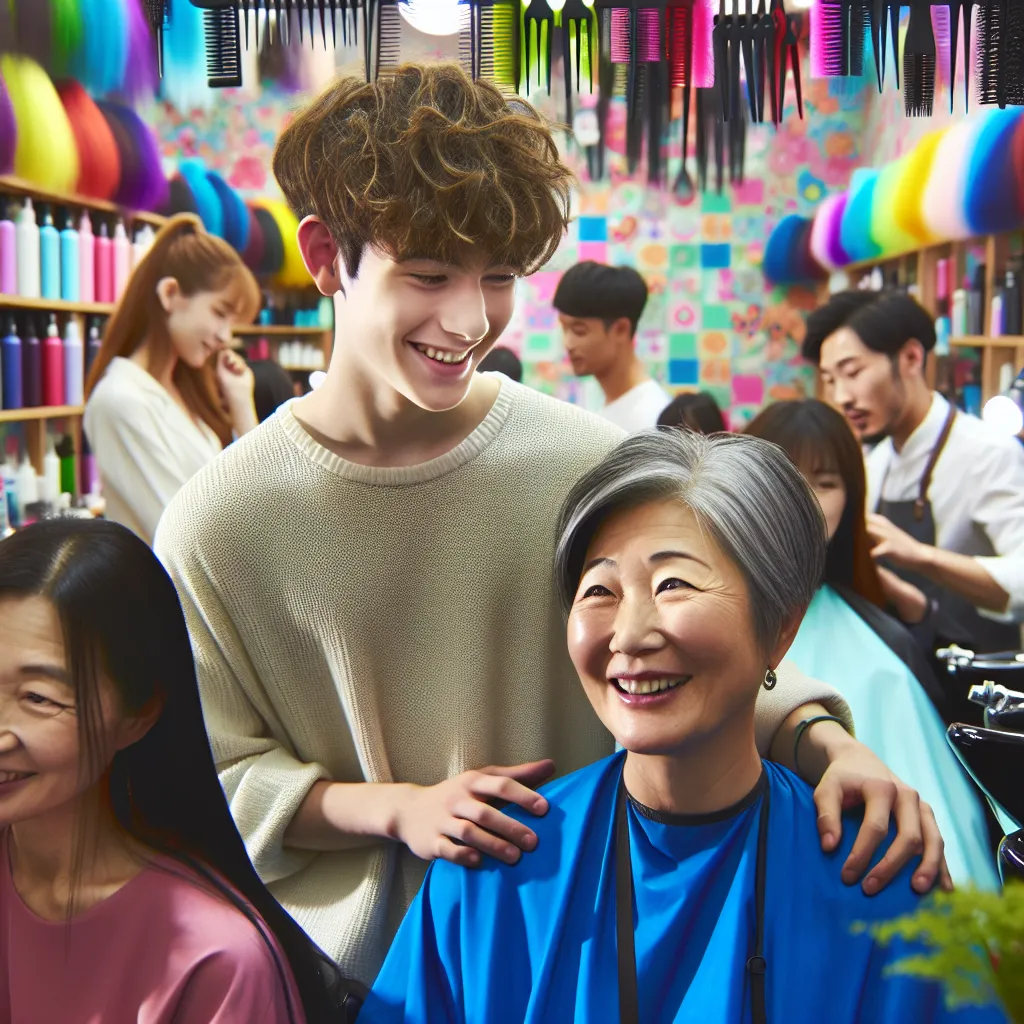 An image of a cheerful and bustling hair salon, with a young boy and an older Korean woman in conversation, surrounded by vibrant colors, hairstyling tools, and happy customers.