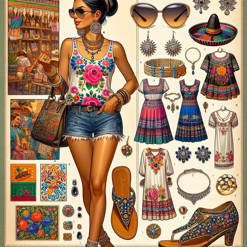 A colorful and diverse group of characters are featured in this image. The focus is on Carmen, a Hispanic woman in her 50s, who is dressed in a vibrant tank top with a floral print and denim shorts. She is wearing flip-flops with small gemstones and oversized mirrored sunglasses. Carmen has long black hair styled in a bun and is wearing various pieces of jewelry, including large hoop earrings, a gold bracelet, two silver anklets, a necklace with a heart-shaped pendant, a wedding ring with a smal