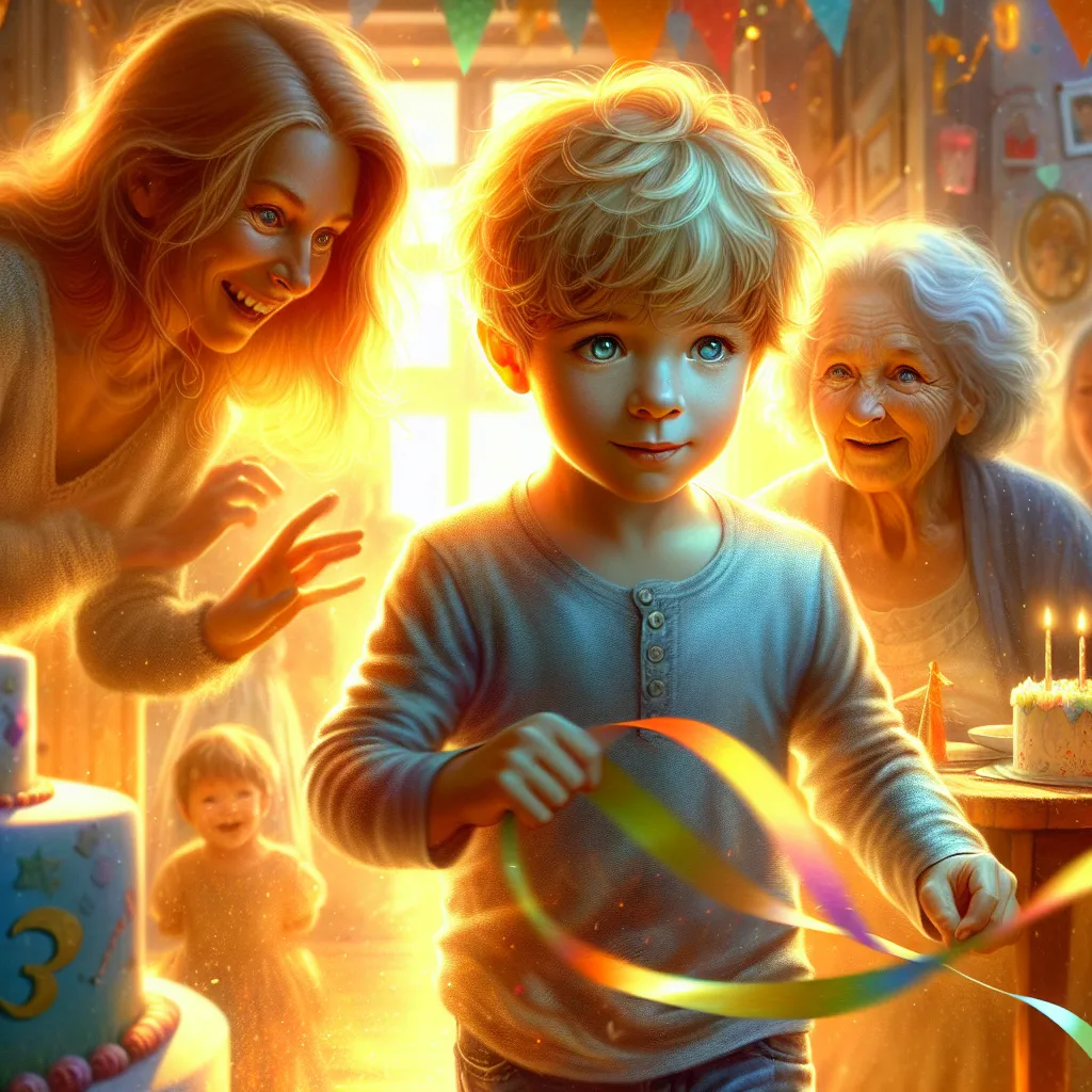 A vibrant image of a six-year-old boy named Timothy, adorned in early morning light, standing in his room filled with birthday decorations. Timothy, with sandy blonde hair, round face, and sparkling blue eyes, exudes innocence and curiosity. His mother, Sarah, a caring woman with chestnut brown hair, hazel eyes, and a slender frame, stands nearby. Timothy's grandmother, Martha, a petite and perceptive woman with silver-gray hair and sharp blue eyes, watches over them. Excitement fills the air as