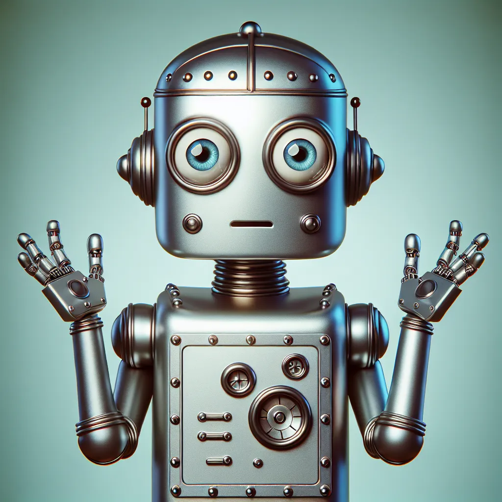 A comical image featuring a robot with a confused expression, holding up its hands in apology.