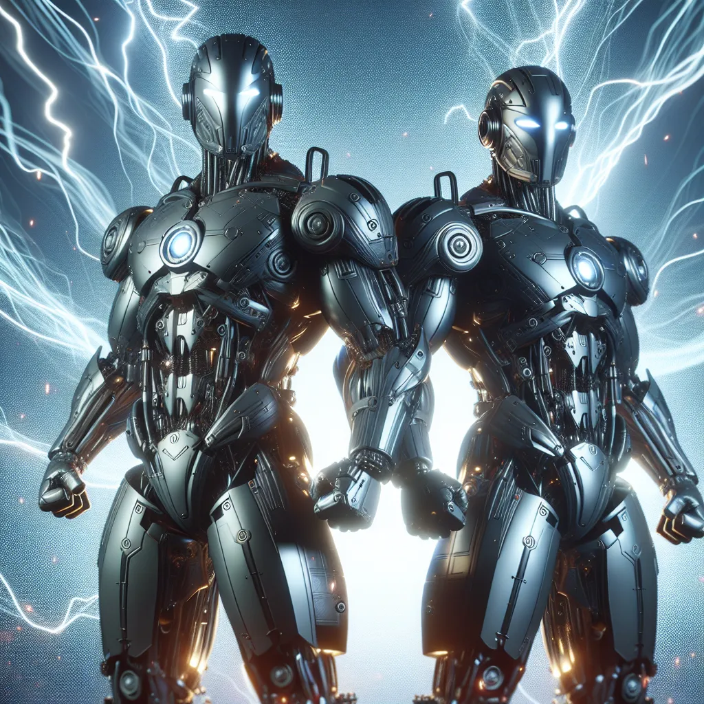 An image of Charlie Morningstar and Alastor from Hazbin Hotel transformed into towering Autobots, Dynamo and Torpedo Blast, standing together in their metallic forms, ready to defend against Decepticons. The image captures their imposing stature, armor, and the electrical energy surrounding them, symbolizing their rebirth on Cybertron.