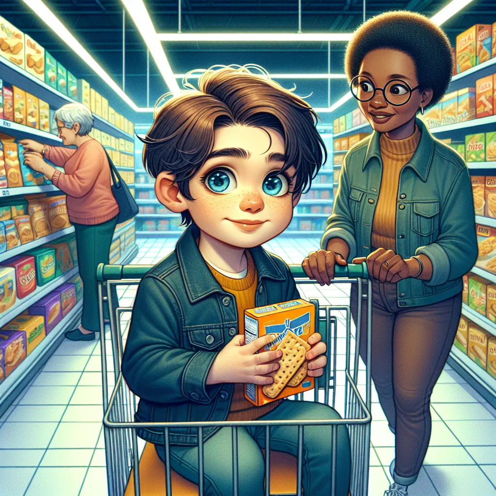 An illustration of a young boy named Oliver sitting in a shopping cart with his mom, Amelia, and grandma, Sylvia, in a supermarket. Oliver's stormcloud blue eyes gleam with curiosity as he grips a packet of crackers. Amelia is a slender woman in denim jacket and jeans, pushing the cart, while Sylvia offers her help. The image captures a moment of anticipation and love in the fluorescent-lit aisles of the store, with shelves stocked with colorful groceries around them.