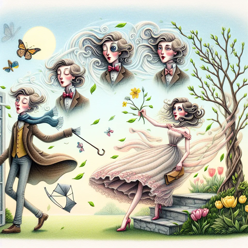 A whimsical and detailed story transforms a young boy, Jonathan, into his friend's sophisticated mother, Meredith, through a series of unforeseen events on a windy spring day.