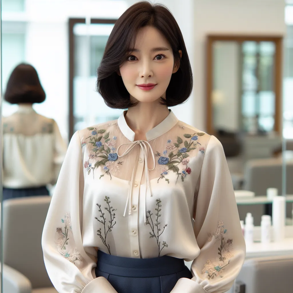 A picture showcasing Ji-Yun Park, a petite Korean woman in her late 50s with a classic Korean bob hairstyle and kind, dark eyes, wearing a silk blouse with delicate floral embroidery and a navy blue skirt. She is standing confidently in a clean and empty salon, surrounded by mirrors.