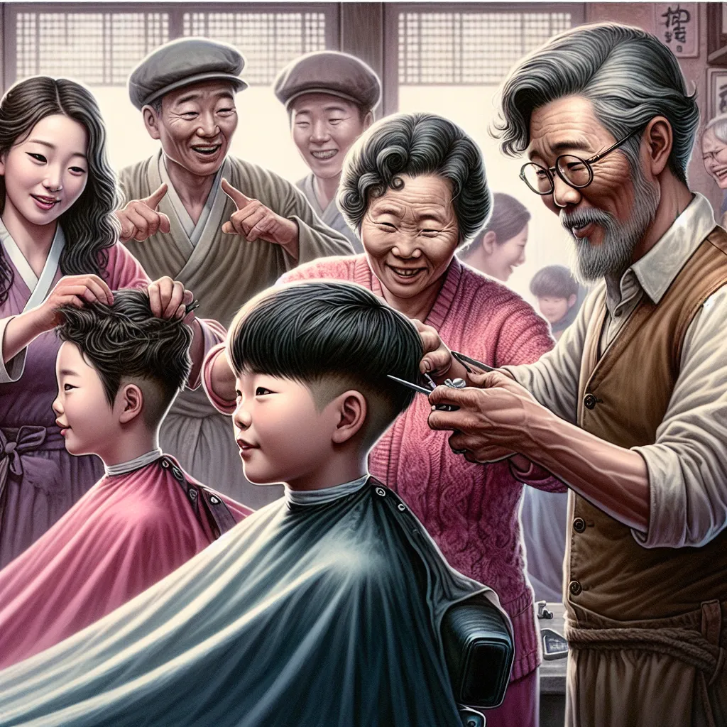 An image featuring a young boy named Timmy and a Korean woman named Mrs. Kim at a barber shop. Timmy, now transformed into Mrs. Kim, is cutting a customer's hair while customers chat and laugh around them. Mrs. Park, another Korean woman, guides Timmy with kindness. The image captures Timmy's journey of resilience, courage, and finding a sense of belonging in a new identity, symbolizing hope and transformation.