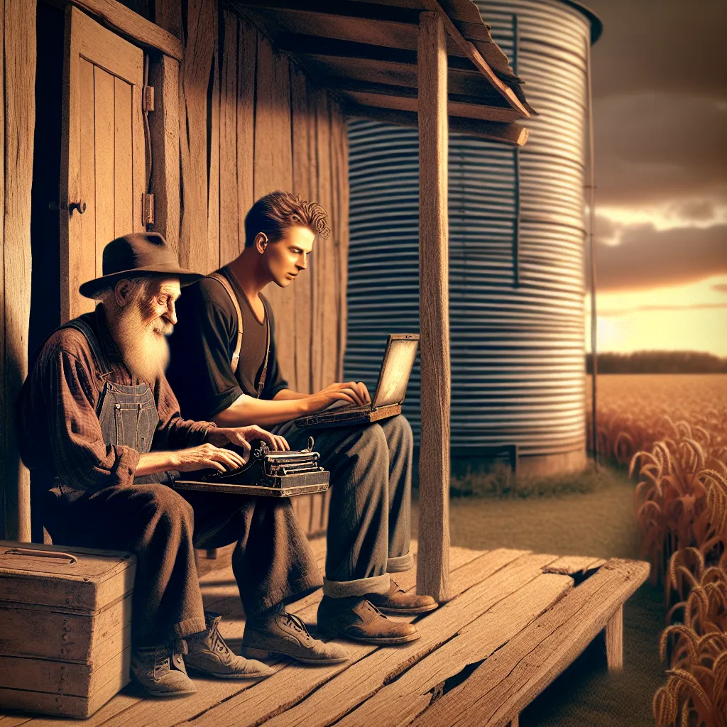 The image accompanying this story depicts two men sitting on a rickety wooden porch, facing each other. One man, Peter, is typing fervently on his old laptop while the other, Brian, looks on curiously. The setting is a rural farm, with towering grain silos standing nearby. The image captures the serene yet expectant atmosphere of a fading evening, filled with a sense of melancholy and anticipation.