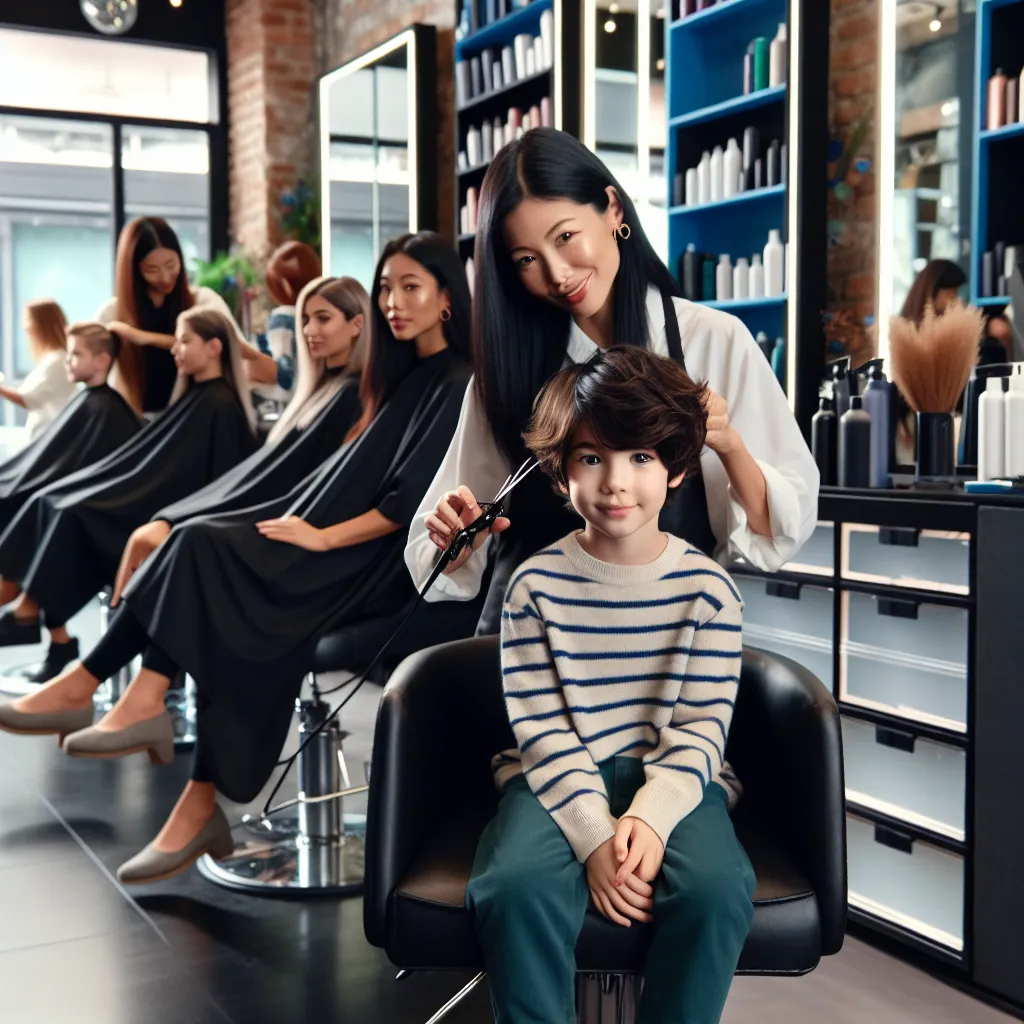 A young boy named Oliver sits shyly in a salon chair as his hair is cut by a kind Korean stylist, surrounded by colorful and stylish female stylists busy at work.