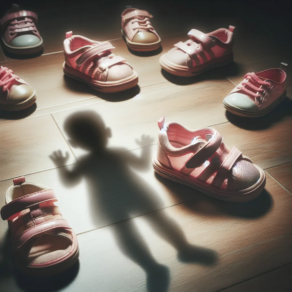 Children's shoes with a pair of pink sandals on the floor, representing a mysterious transformation and the disappearance of a young boy named Sammy.