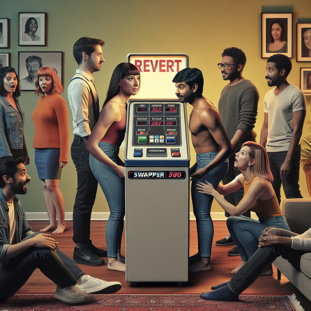 A group of friends stands around a mysterious machine called the Swapper 5000. One of them activates it, causing a body swap between two individuals. The friends frantically attempt to reverse the swap, eventually succeeding with the help of both names and the revert button. The image should feature the Swapper 5000 machine in a living room setting, with a sense of excitement and urgency among the characters.