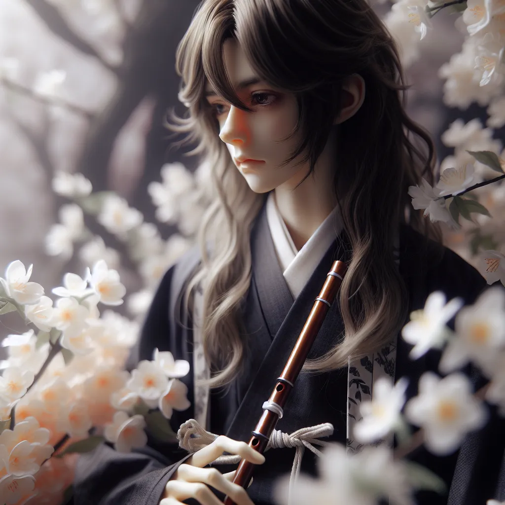 An image of a teenage boy with long hair and delicate features, dressed in a traditional Japanese school uniform and holding a flute, surrounded by cherry blossom trees. The scene captures the essence of a boy named Ash who is trapped in the body of a girl named Yasuna, struggling to navigate a life not his own.
