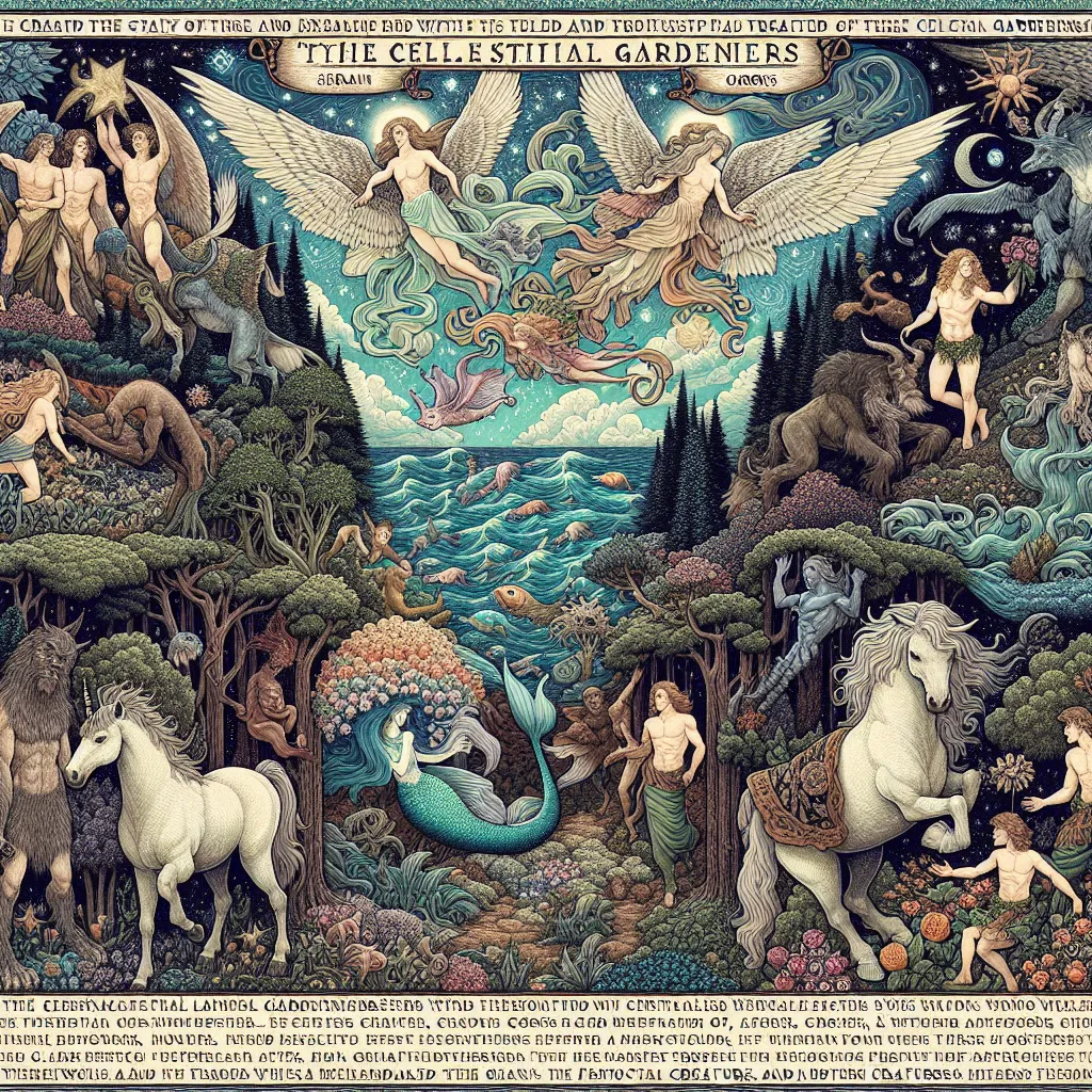 Description: An ethereal tapestry depicting a diverse array of mythical creatures coexisting with humans in a fantastical world. Seraphim angels soar gracefully in the sky, while centaurs and satyrs navigate lush forests. Mermaids gracefully swim alongside sailors, and giants and ogres traverse varied landscapes. Werewolves and vampires occupy hidden realms. The tapestry represents the legacy of the Celestial Gardeners, who created these creatures as an experiment, inviting humans to cherish and