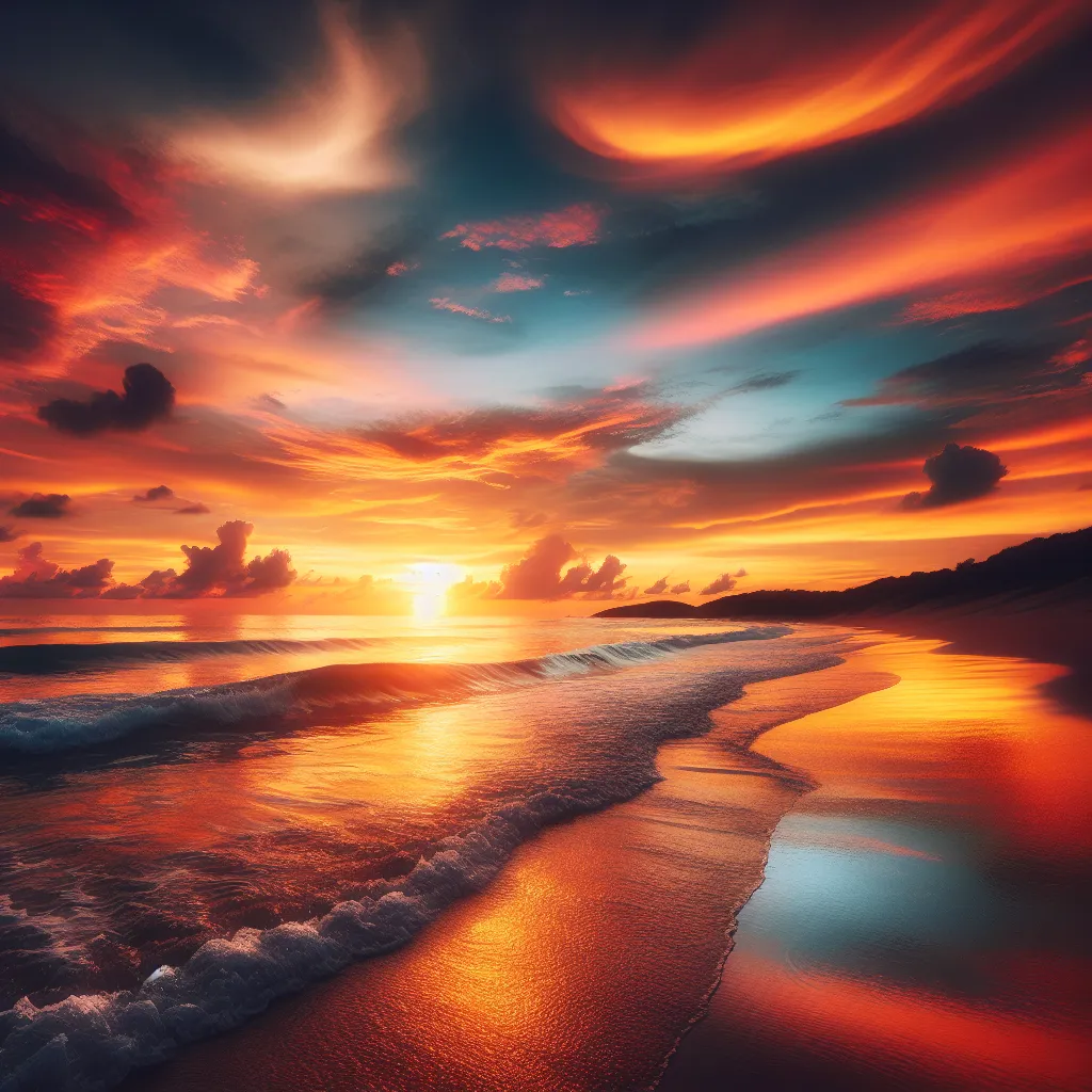 A serene beach at sunset, with warmly colored skies reflecting on the calm waves.