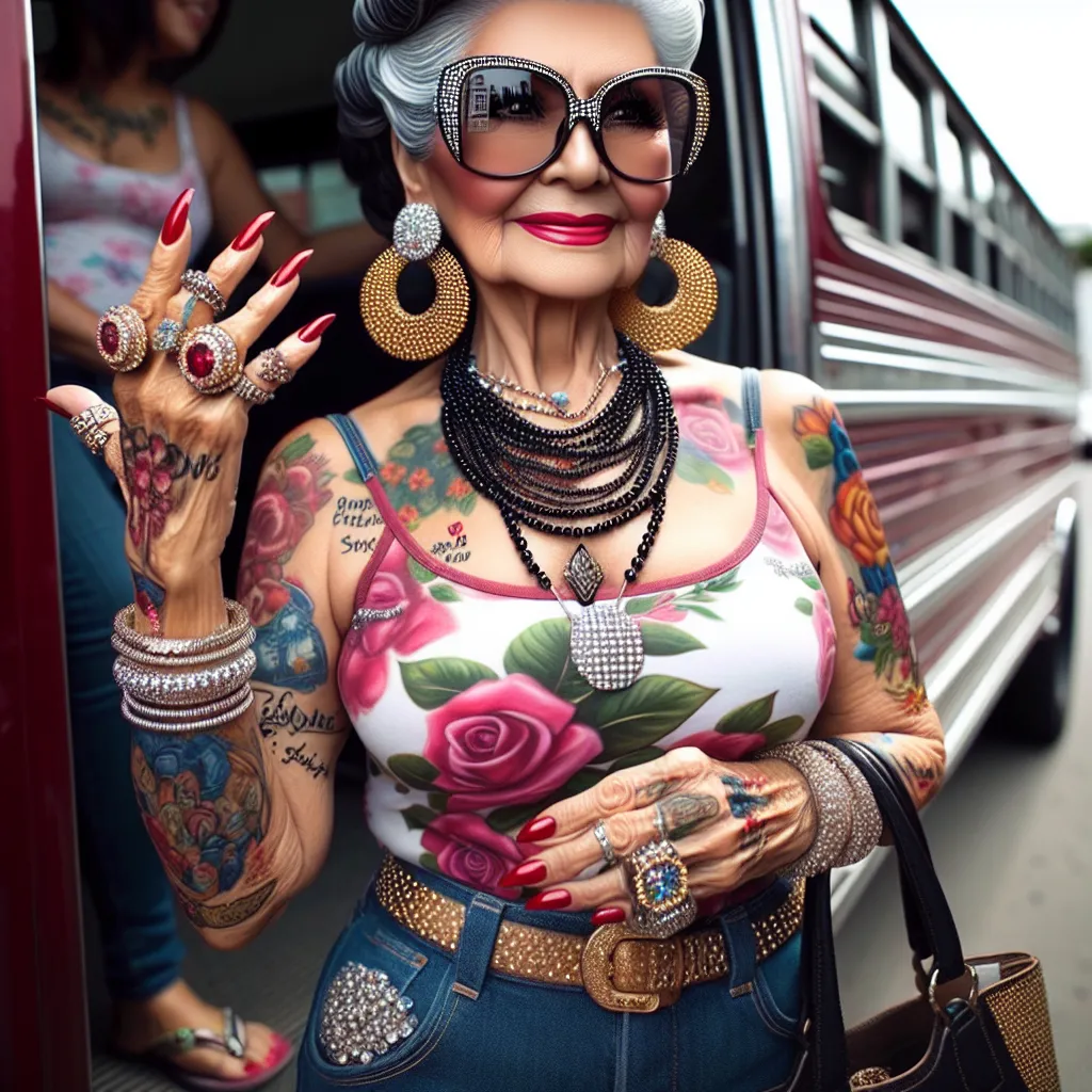 The image will feature a confident and proud Carmen Rodriguez, a 65-year-old woman of Mexican descent. She is wearing a floral tank top, denim shorts, and black flip flops adorned with rhinestones. She has red nail polish on her toes and is wearing six pieces of jewelry, including hoop earrings and a pearl necklace. Her hair is styled in a neat bun, and she is wearing large, round sunglasses with gold rims. Carmen is holding her purse and has a smile on her face as she steps out of her car. The 