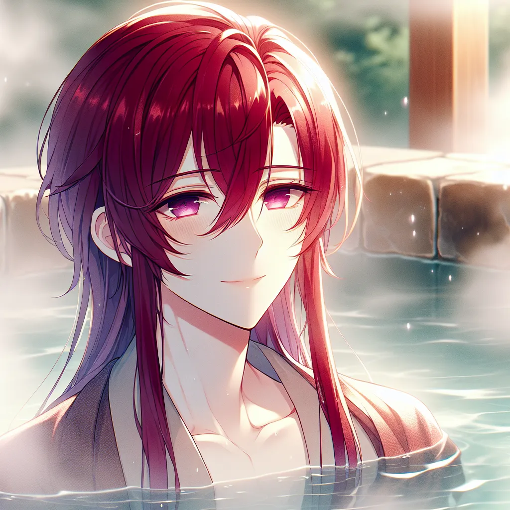 The image accompanying the story is a depiction of Naruto, now transformed into Naruko, standing in a steamy hot spring. Naruko has long, silky red hair cascading around her shoulders, and her once blue eyes have transformed into a vibrant shade of violet. She wears a slight blush on her face, her feminine features more prominent. The hot spring is surrounded by a calming atmosphere, with steam rising from the water and serene surroundings.