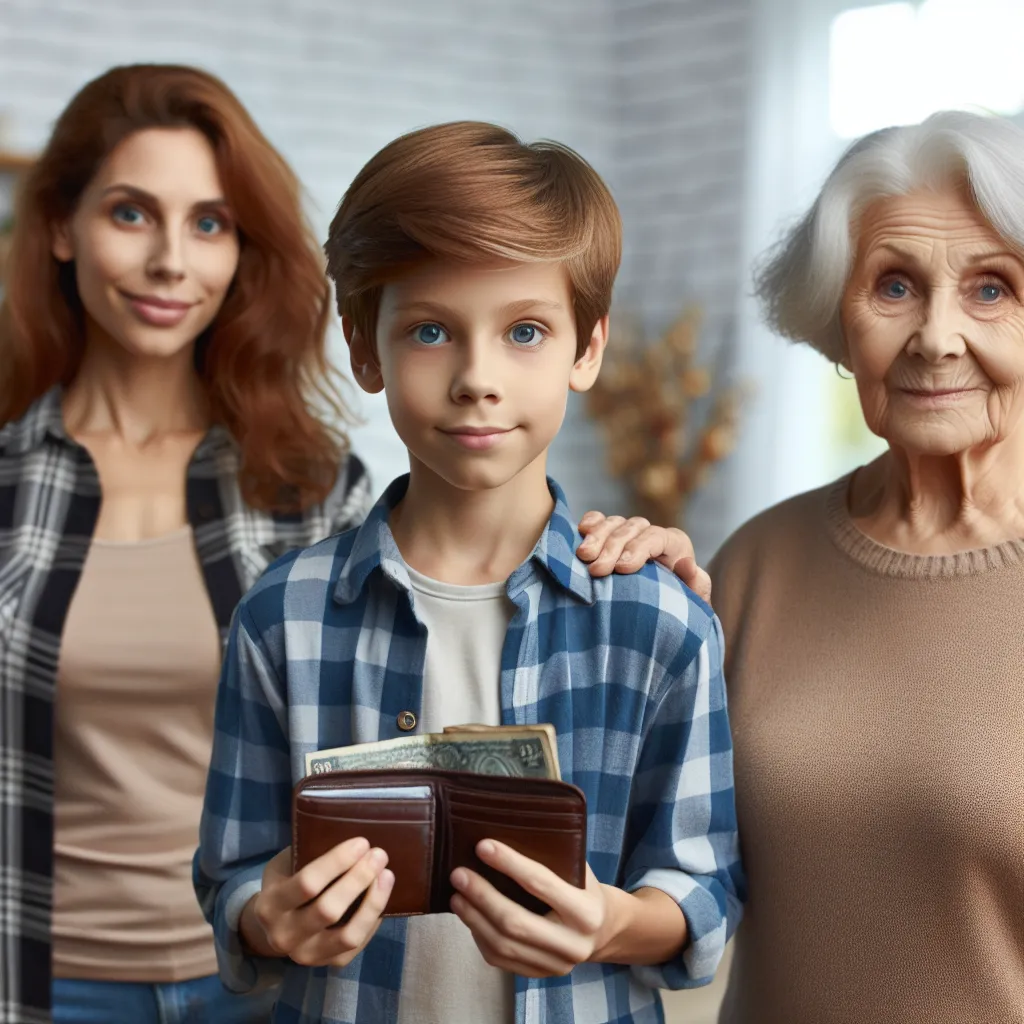 A young boy named Ethan stands at 4'2" with light brown hair and bright blue eyes. His mother, Laura, is 35 years old, with auburn hair and deep green eyes. Ethan's grandma, Susan, is 70 years old, with silver-gray hair and soft brown eyes. The image will depict Ethan and his family in a home setting, with Ethan holding a wallet and looking confused, representing the moment when he finds himself in Sandra's body.