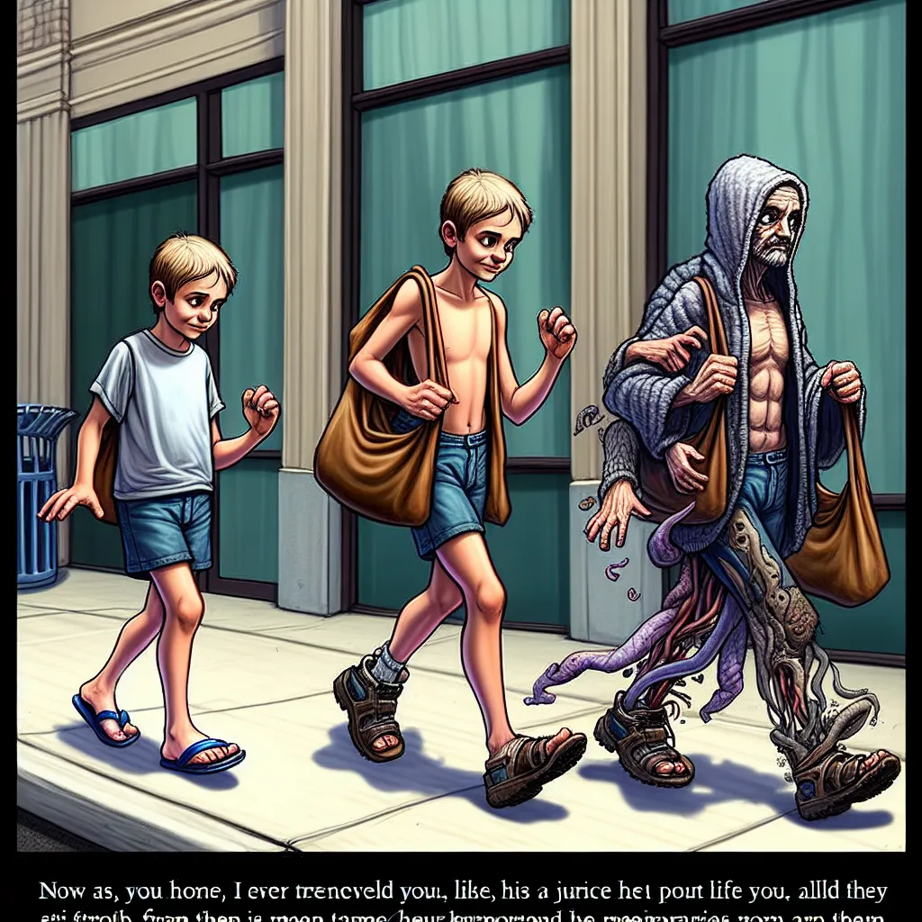 Tommy Jenkins, a 6-year-old boy, walks down Main Street on his first solo shopping trip. He spots a homeless woman, Marlene Davies, and accidentally slips on her worn-out sandals. Strange changes start happening as his feet, legs, torso, arms, hands, head, hair, and face transform to resemble Marlene's. His voice cracks, memories fade, and he assumes Marlene's identity as a middle-aged homeless woman. This image depicts Tommy, now Marlene, walking down the street with her worn-out purse and sand