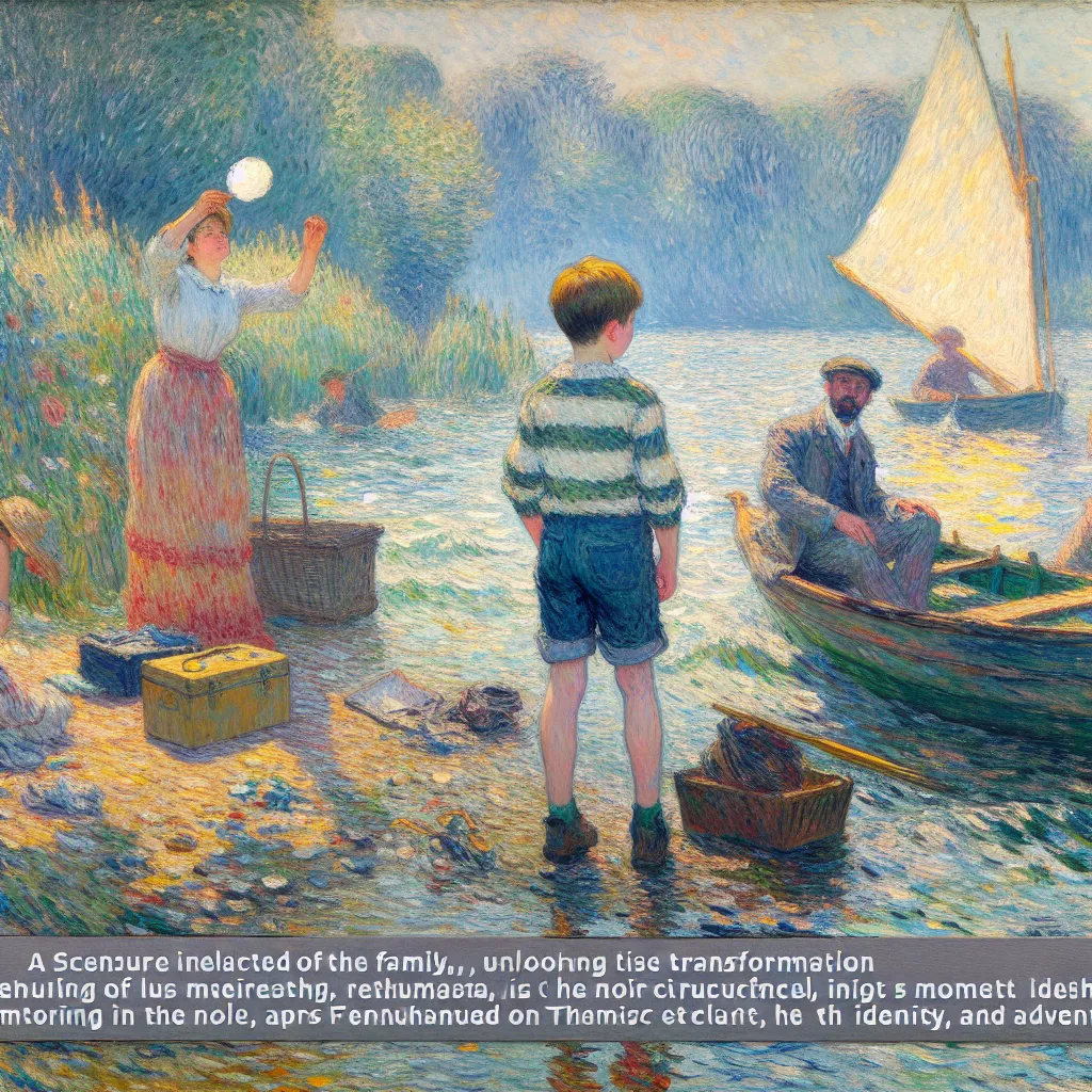 Boy, Family, Transformation, Identity, Adventure in the style of Monet