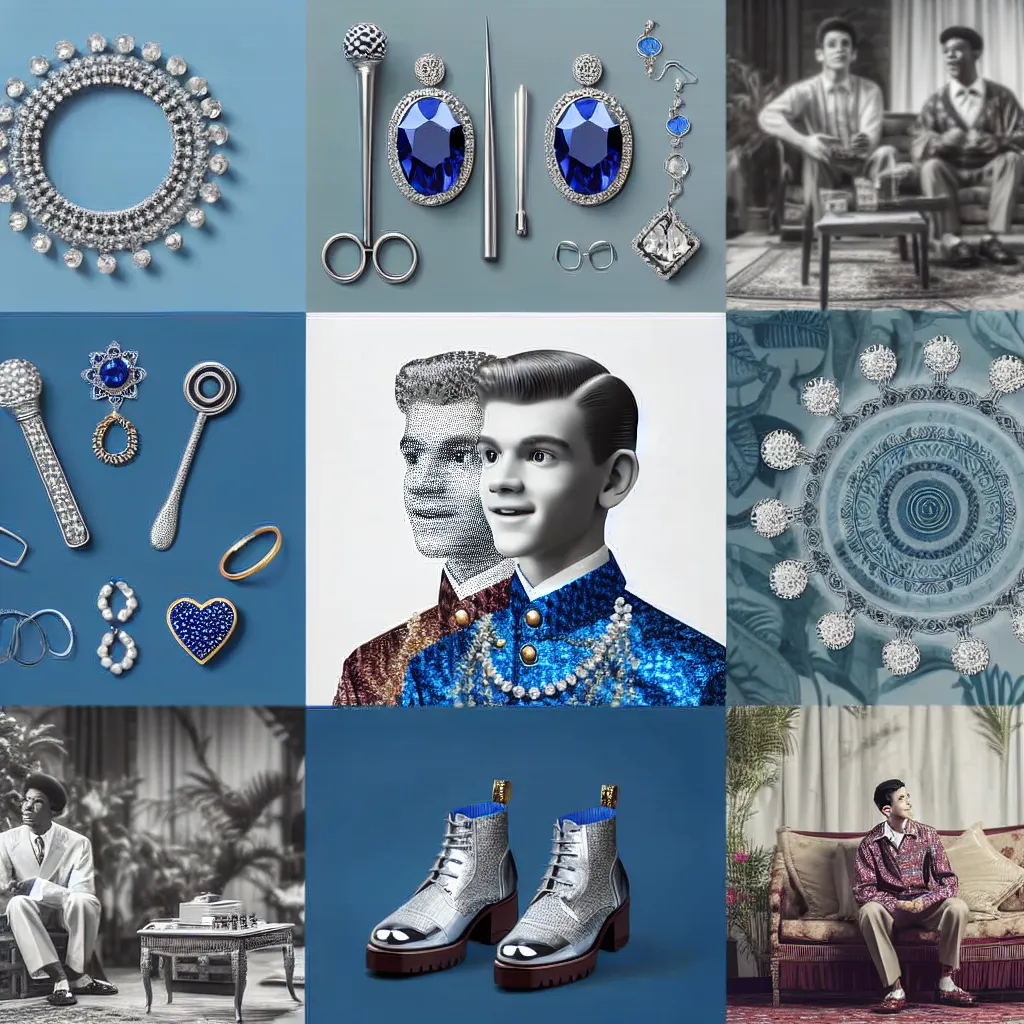 The image will show a young boy named Oliver in a bedroom, transformed into his friend's glamorous mother, Cassandra. Oliver, now resembling Cassandra in her mid-60s, is wearing her cobalt blue silk dress and silver platform sandals, adorned with sapphire bracelet, pearl earrings, and a heart necklace. As Oliver struggles with his changed appearance, the image captures his shock and confusion, showcasing his altered physique—feminized feet, legs, torso, arms, face, and hair. The transformation i