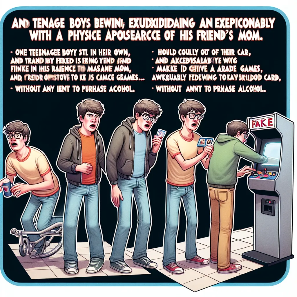 The image accompanying this story could be a humorous illustration depicting two teenage boys, one in the body of his friend's mom and the other in his own body, engaging in various funny situations. They could be shown in a car, at an arcade, at a mall, or even holding a fake ID to buy beer. The image should convey the comedic aspect of the story and reflect the lighthearted tone of the narrative.