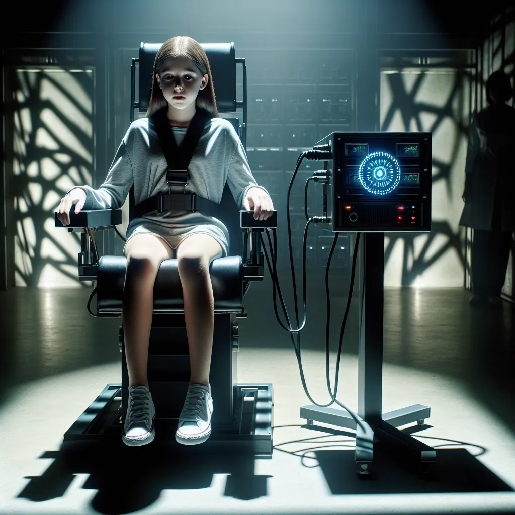 A 14-year-old girl sitting in a medical chair with restraints, struggling as an ominous-looking device, the Soul Exchanger, powers up in a dimly lit room. The room is filled with shadows created by the machinery.