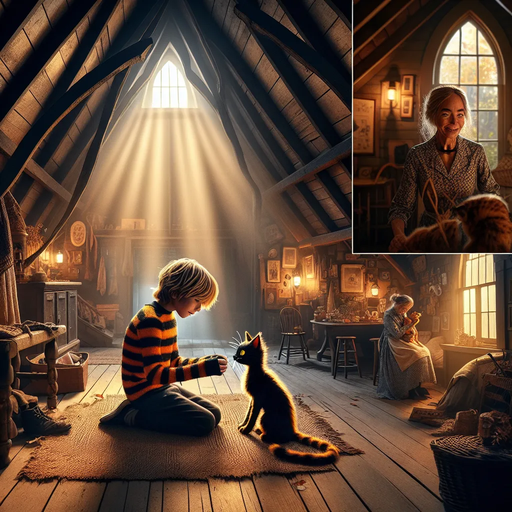 In the quiet attic, a young boy named Oliver tries on his mom's cat costume and is magically transformed into his mother, Eliza. Unaware of the change, Eliza lives her life, nurturing nostalgia and bonds with her mother, Maggie. The attic's magic weaves through the years, keeping the family's secret safe as Eliza embraces each Halloween, donning the cat costume. Eliza's genuine joy and love fill the house in Willowdale, where she thrives as herself, known for her laughter and kindness. The story