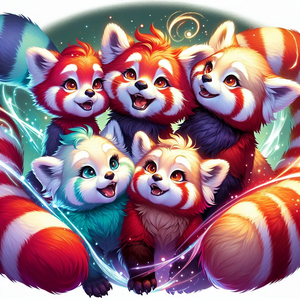 Description: An image depicting a family of anthro red pandas - Kaira, Olivia, Max, and Lora - standing together, their fur glowing in vibrant hues of red, cream, cyan, and orange. They are surrounded by a swirl of magical light, with their tails swishing playfully. Joy and excitement radiate from their expressions as they embark on their new life together.