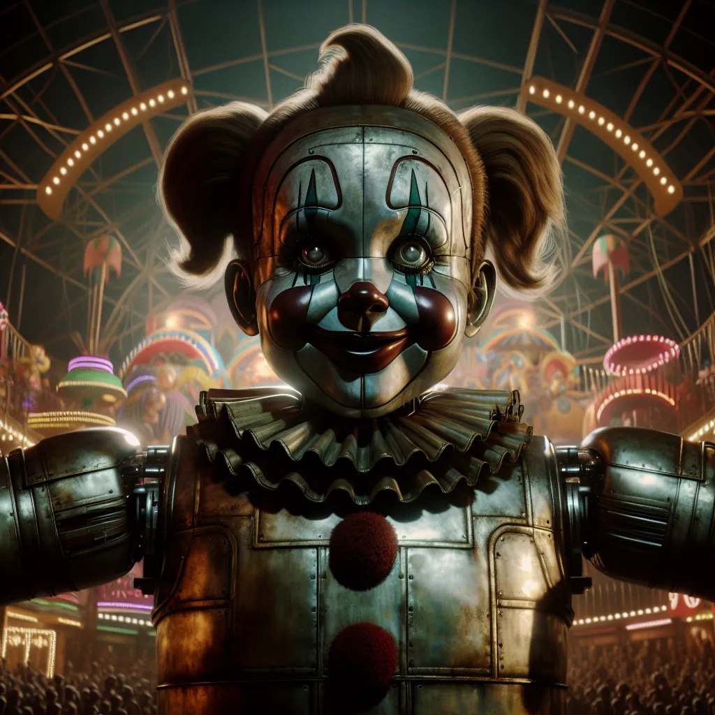 The image that will accompany this story depicts a towering 7.2-foot-tall animatronic clown, known as Circus Baby, against a backdrop of the Five Nights at Freddy's realm. The robot's appearance is both childlike and haunting, with segmented plates of metallic skin, large round cheeks, upturned nose, and synthetic pigtails. The image captures the moment of revelation as the protagonist embraces their new identity as Circus Baby, formerly known as Elizabeth Afton, shedding their previous life and