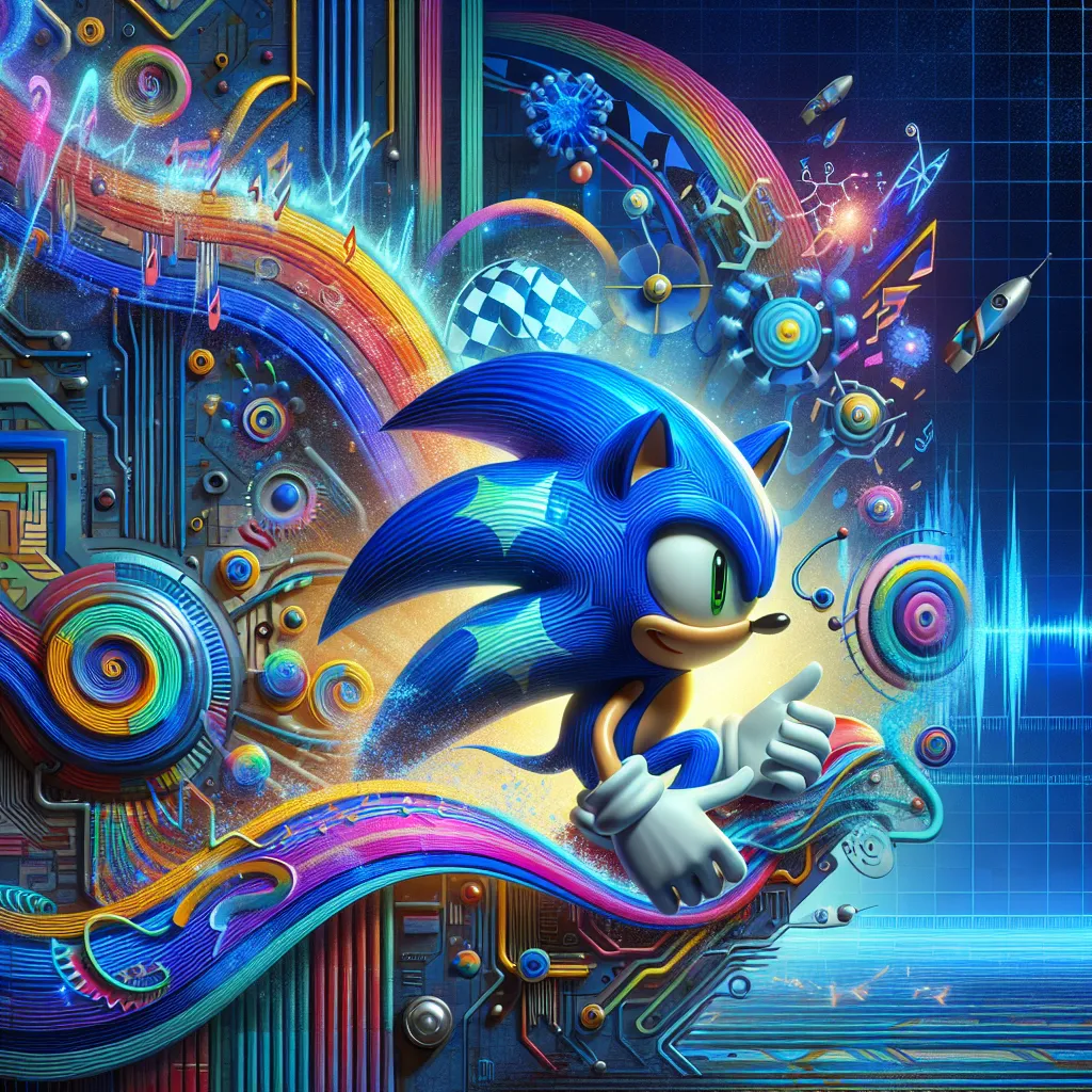 Illustration depicting the multifaceted meaning of "Sonic" through the iconic blue hedgehog character from video games and the concept of sound waves, bridging pop culture and science.