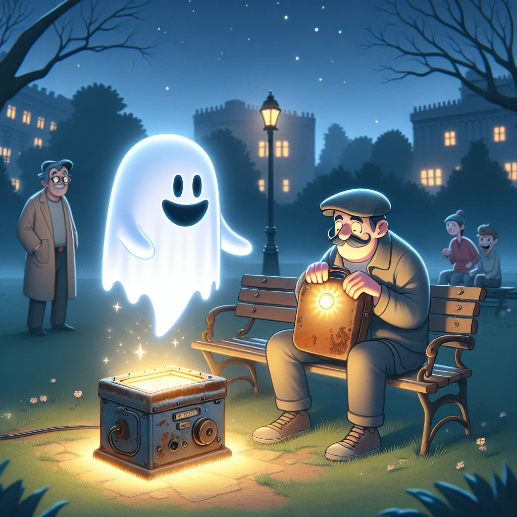 The image accompanying this story portrays a humorous scene with a ghostly figure named Tommie and a person holding a mysterious device. Tommie is floating above the ground while the person holds up a rusty device with a flash of light emitting from it. They are standing in a park at twilight, with a small audience gathered nearby, including a person napping on a bench. The overall atmosphere is light-hearted, showcasing the comical and mischievous nature of the story.