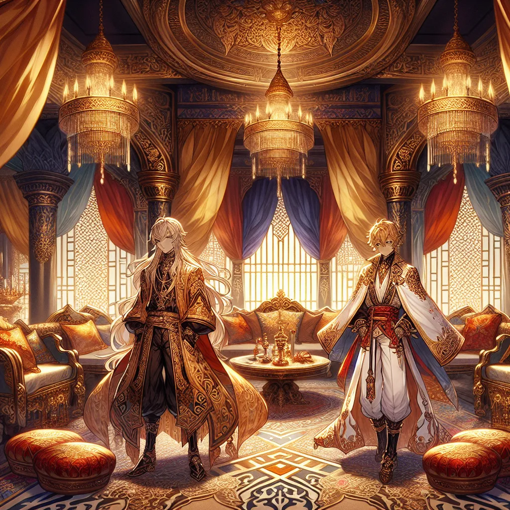 An image of a luxurious, elegantly decorated room with silk curtains, set the stage for a story of a gender-swap between Ash and Yasuna in a lavish world.
