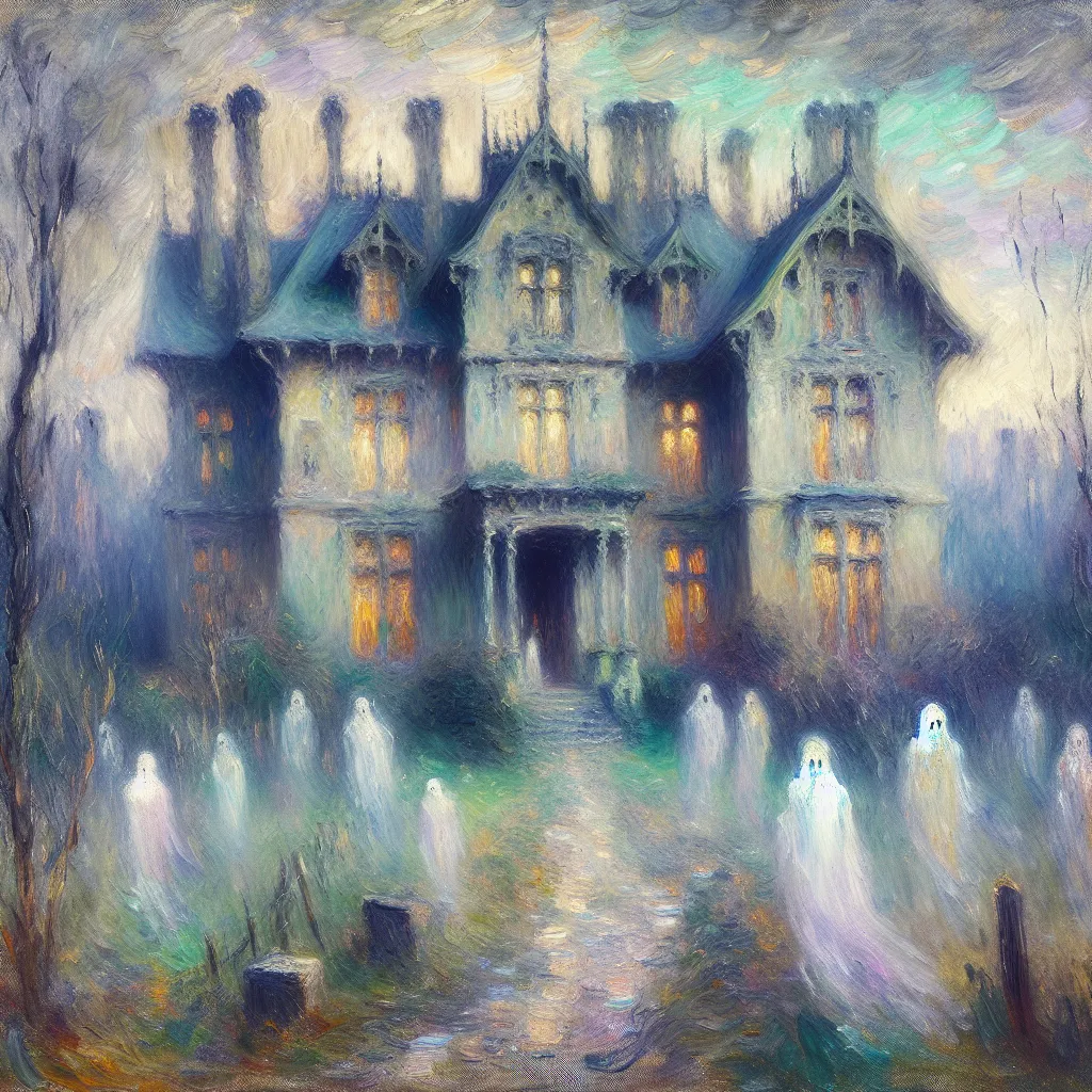 Mansion, Haunted, Possession, Ghost, Unwelcome in the style of Monet