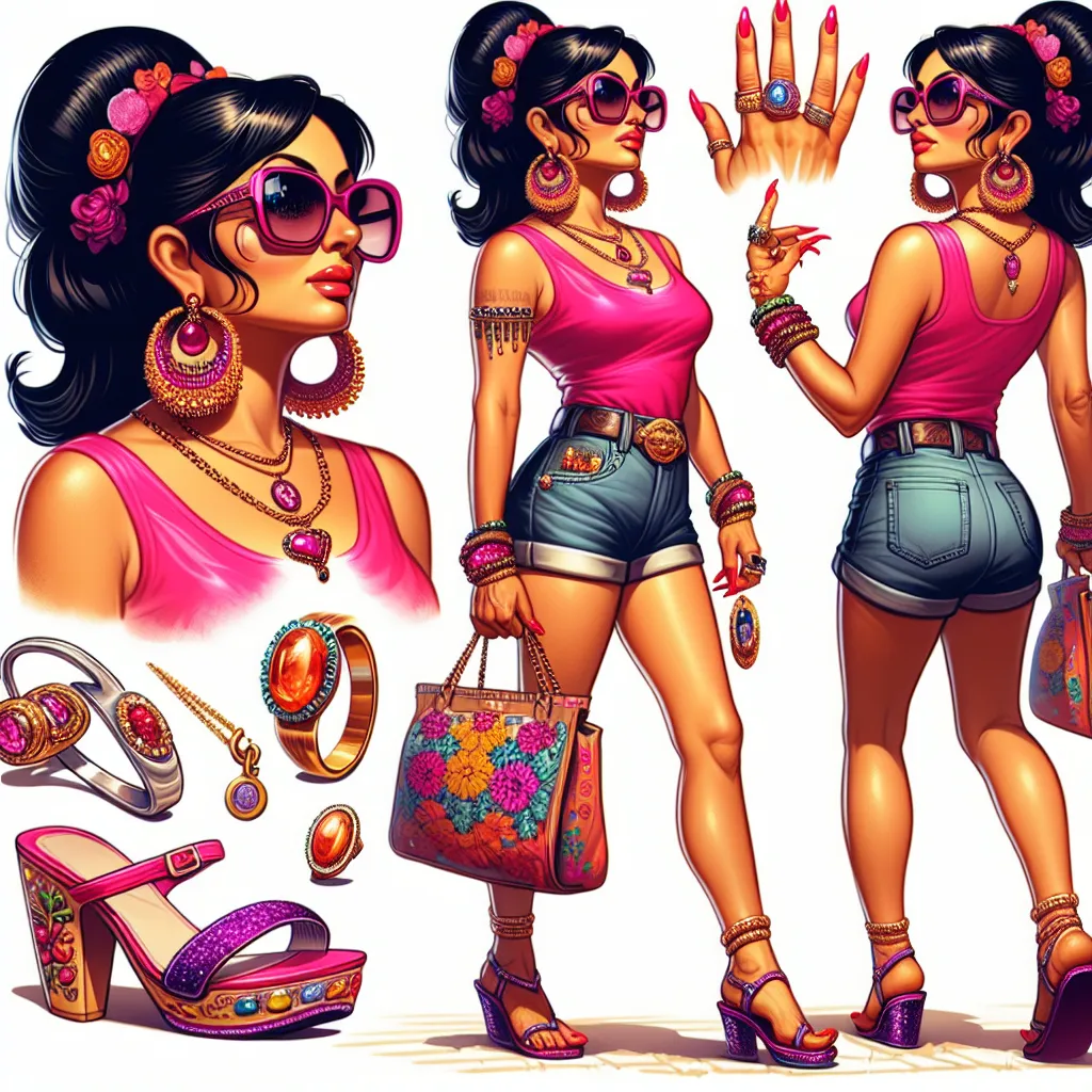 A stylized illustration of Rosa Gomez, a vibrant Mexican woman in her fifties, confidently dressed in a bright pink tank top, denim shorts, and purple flip-flops with sequined straps. She wears sunglasses and carries a colorful purse as she walks with purpose. Her long black hair is styled in a thick bun, and her nails are painted a vibrant red. She adorns herself with various jewelry, including large gold hoop earrings, a wedding ring, a silver bracelet with charms, a gold-chain necklace, a fam