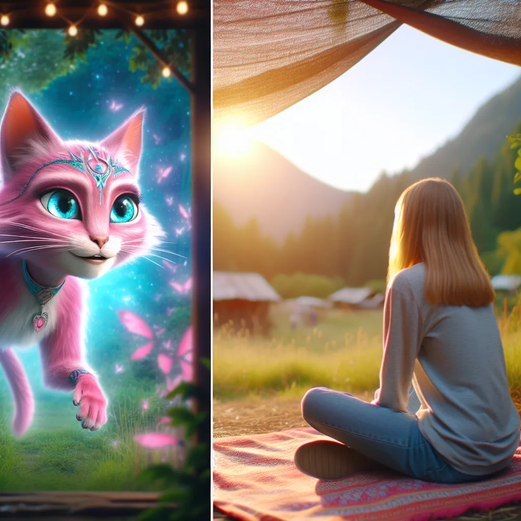 A teenage girl named Lila goes through a magical transformation, turning into an anthropomorphic cat with vibrant pink fur and captivating blue eyes. With the guidance of her wise and loving aunt, Lila embraces her new form and embarks on a joyful and adventurous journey in her quaint town of Willow Springs.