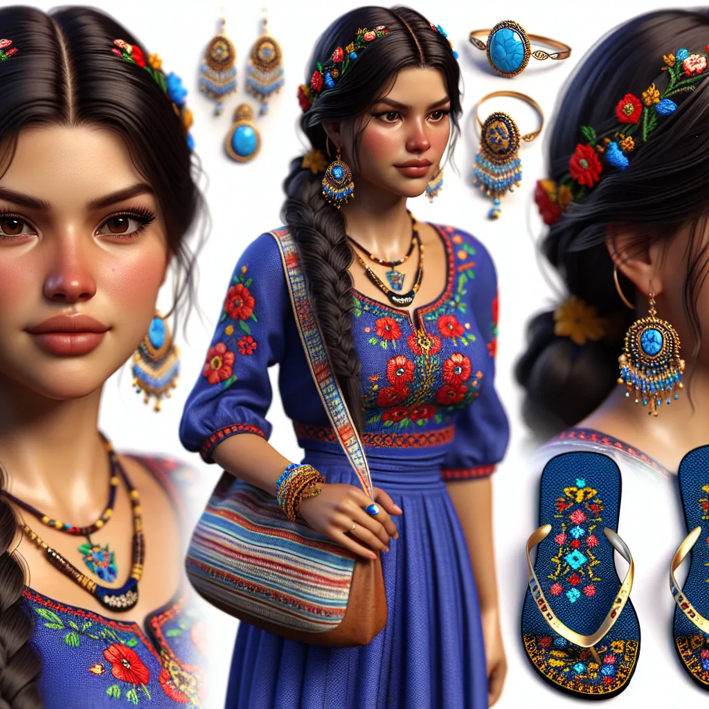 A generated image to accompany the story could be a depiction of a woman, Rosa, wearing a vibrant blue dress adorned with red and gold embroidered floral patterns. She is wearing colorful flip-flops with blue straps and intricate yellow designs. She also wears traditional Salvadoran jewelry, including a golden wedding ring, a beaded bracelet with cultural patterns, a pair of gold hoop earrings, a turquoise necklace, and a silver anklet with tiny charms. Her hair is long, dark, and tied neatly in