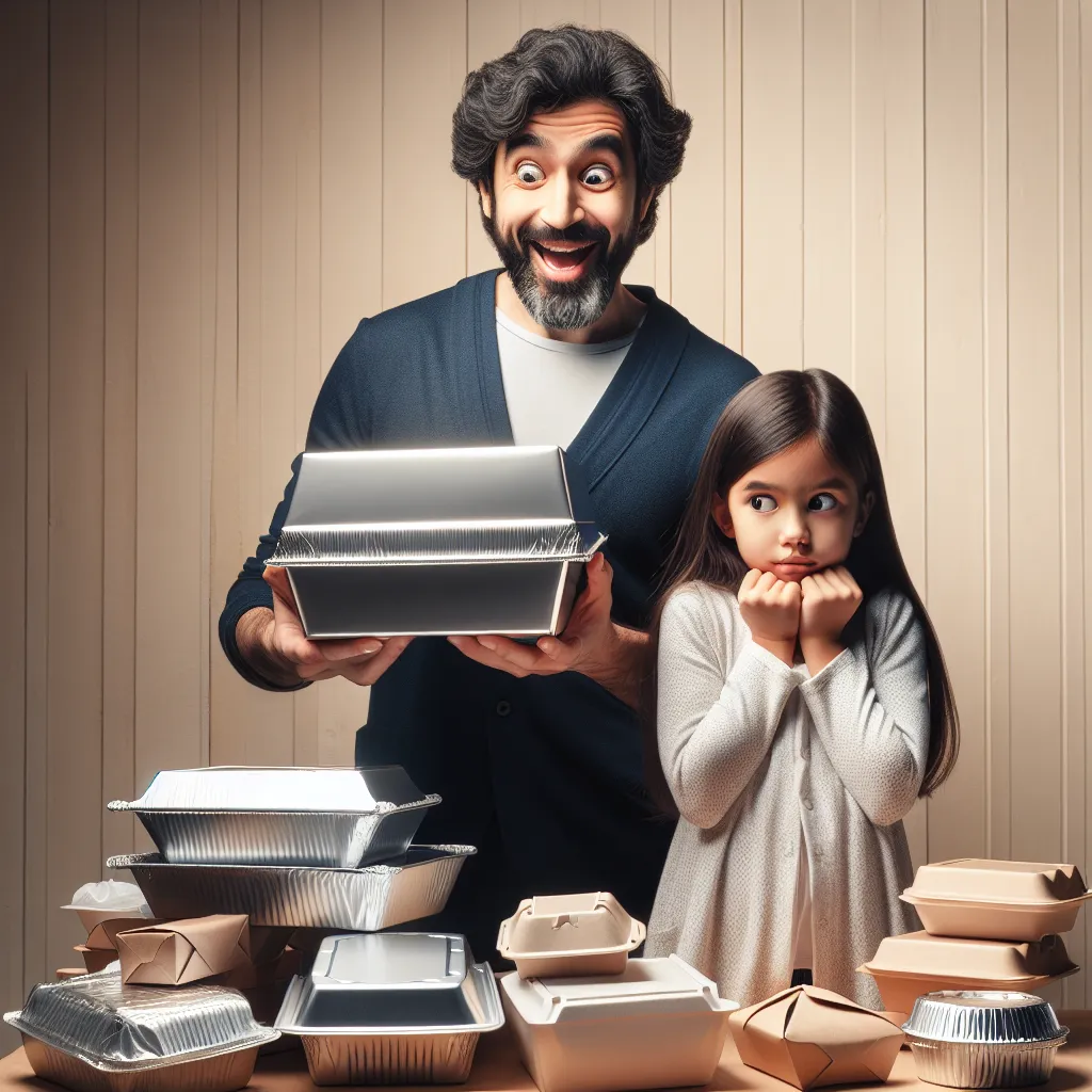 An image of a father and daughter standing in front of a table cluttered with takeout containers. The father holds a sleek, silver box with excitement, while the daughter looks intrigued but doubtful. The image showcases the anticipation and curiosity surrounding the new technology.