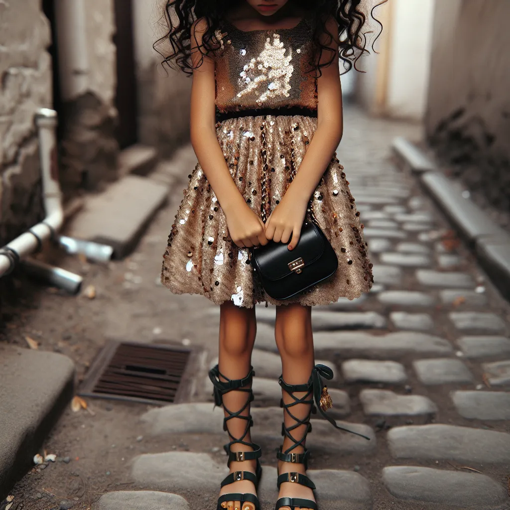 An image of a girl dressed in a skimpy sequined mini-dress, with curly black hair and gold toenail polish, clutching a small black clutch purse. She is standing in an alley, looking lost and vulnerable, with dark green gladiator sandals on her feet. The image captures her confusion and determination to find her way home.