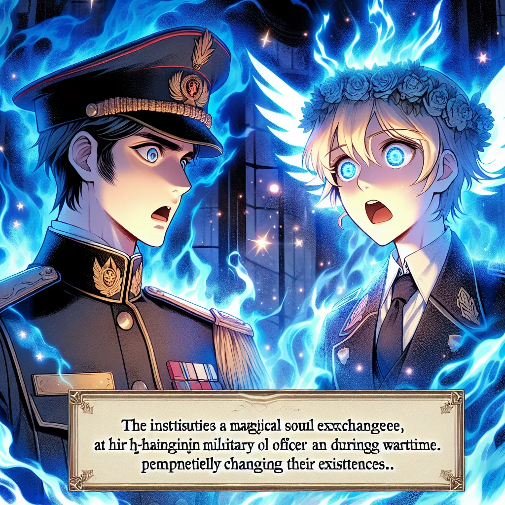 Description: The image depicts the dramatic moment of the soul exchange between Air Chief Marshal Trevor Maloney and Francesca Lucchini, a young witch in the midst of war. An intense blue light engulfs the two figures, conveying the mysterious and perilous nature of the forbidden experiment. Their expressions reveal their shock and fear as their identities are stripped away and reallocated, forever altering their lives. The image captures the tension and transformation that lies at the heart of 