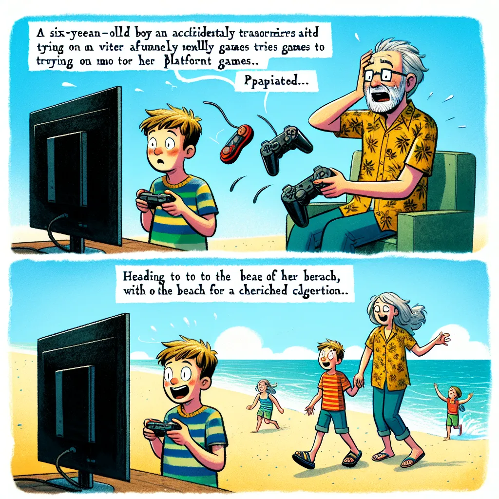 A six-year-old boy named Bradley accidentally transforms into his best friend's mom, Stephanie, after trying on her platform sandals. Panicked, Bradley tries to play video games in an attempt to ground himself in his identity before fully becoming Stephanie. Despite his efforts, memories of Stephanie flood in, and Bradley ultimately embraces his new persona as Stephanie, heading to the beach with her husband for their anniversary. The image shows a beach scene with Stephanie looking excited and 