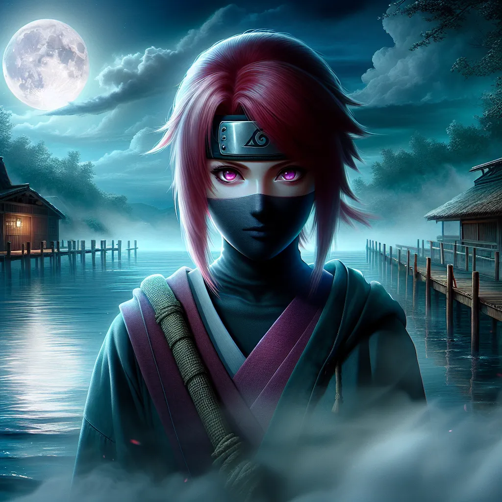 An image is requested to accompany the story "The Tomboy Kunoichi." The image should depict a young woman, Nayoko, who has transformed from a male to female ninja. She has vibrant red hair, violet eyes, and a fierce yet tomboyish appearance. She stands by a pier, with misty water and the moonlight reflecting on its surface. The image should capture her confusion, fear, and determination as she contemplates her new existence and prepares to forge her own path as a kunoichi.