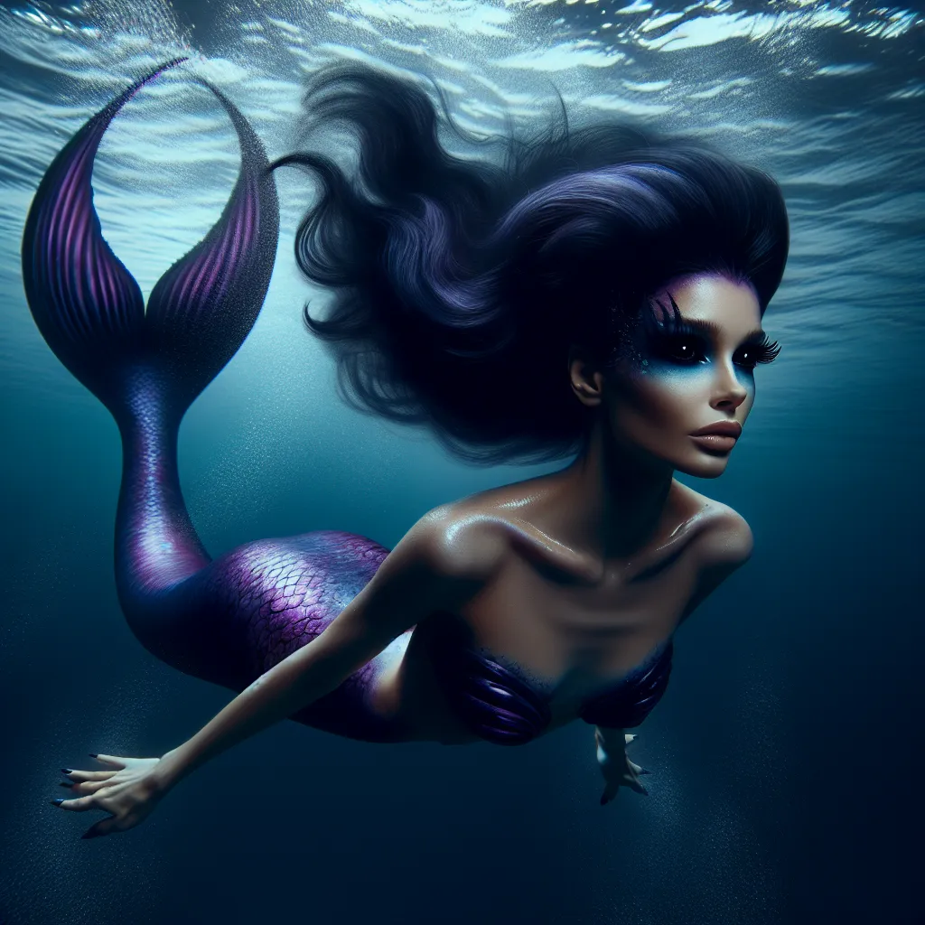 An image of a transformed Dylan, now a siren with a striking violet mermaid tail, dark hair, and haunting black eyes, swimming gracefully in the depths of the ocean.