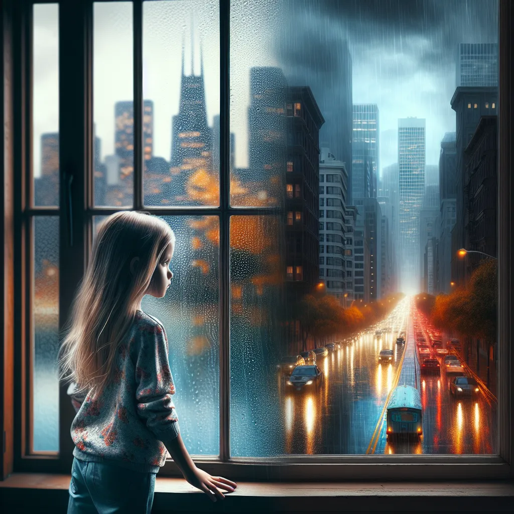 The image accompanying this story could be a girl standing at a rain-soaked window, gazing out with a mix of curiosity and apprehension, symbolizing Riley's transition from her familiar home to the unfamiliar city of San Francisco. The image could capture the contrast between the serene Minnesota landscape and the bustling urban environment of the city, highlighting Riley's sense of displacement.