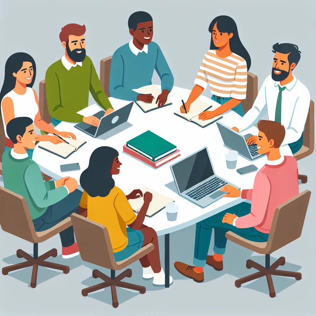A group of diverse people collaborating around a conference table, engaged in a lively discussion, with laptops and notebooks, exemplifying teamwork and collaboration.