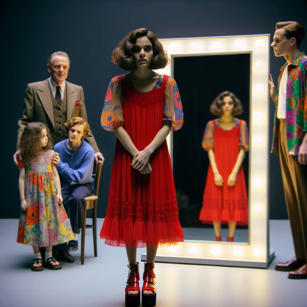 A young girl named Olivia, dressed in a vibrant red dress and platform sandals, stands in front of a mirror, her face reflecting a mix of confusion and acceptance. In the background, her son Jimmy and her husband can be seen, their expressions filled with love and support. This image captures the moment when Olivia, once a young boy named Timothy, fully embraces her new identity and begins to forge a new path in life.