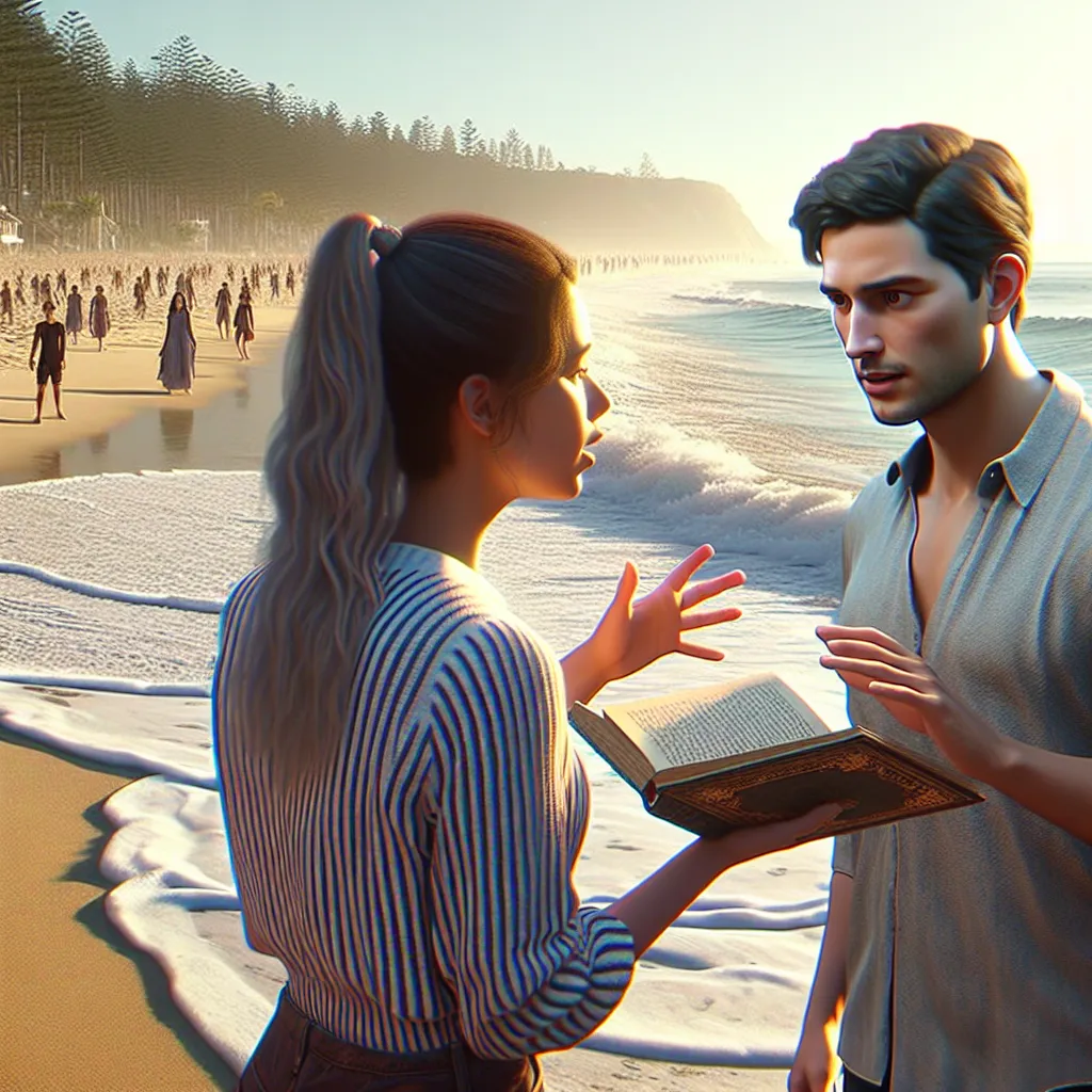 The image depicts a sunny beach scene with waves crashing against the shore. In the foreground, a young girl is seen whispering a spell book incantation to her brother who stands nearby. The brother begins to transform, his body blurring and twisting until he is replaced by a young girl with a look of fear and disbelief on her face.