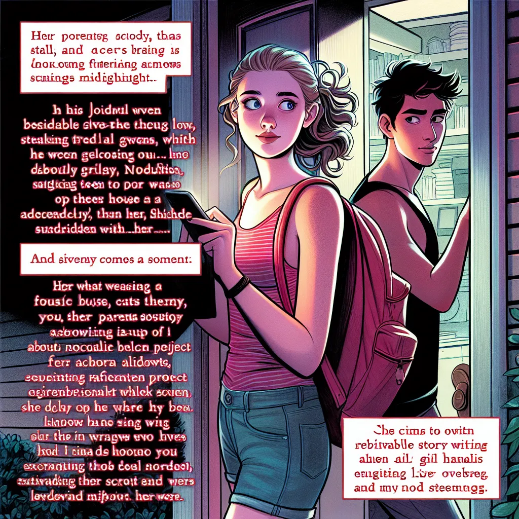 **Description:**
A young couple, Angel and Gwen, stand outside a house at midnight. Gwen is sneaking out while Angel watches her with a mixture of pride and yearning. Gwen moves stealthily through the streets, navigating the familiar shadows. At her own house, she tries to sneak inside without being noticed by her parents. However, the lights flick on and her mom's voice asks where she's been. Gwen comes up with a clever story about a school project involving nocturnal animals. Her parents remai