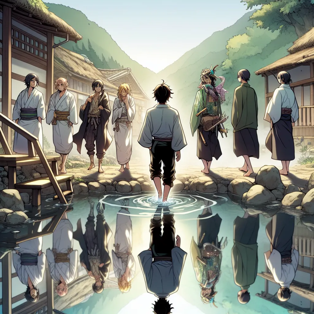 An illustration depicting Naruto Uzumaki's transformation into a female version named Naruko at the Konoha hot springs. Surrounded by Sakura, Ino, Hinata, Kurani, and Anko, Naruko navigates her new identity with curiosity and acceptance as her appearance and mannerisms shift seamlessly. The image captures her reflection in the hot springs waters, showcasing a blend of familiarity and newfound femininity in a moment of self-realization and connection with her companions.