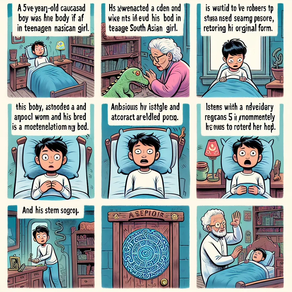 A five-year-old boy named Oliver wakes up as a teenage girl named Emily, unable to change back. Desperate to return to his old life, he searches for answers and finds a mysterious store with a familiar symbol. Inside, he meets an elderly woman who believes his story and offers to help. With a surge of energy, Oliver briefly transforms back into his child self before waking up in bed, clutching his stuffed dinosaur.